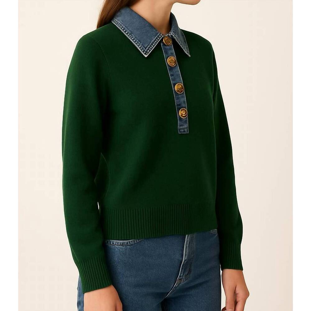 Commense Forest Green Long Sleeve Sweater with Denim Collar - Picture 3 of 4